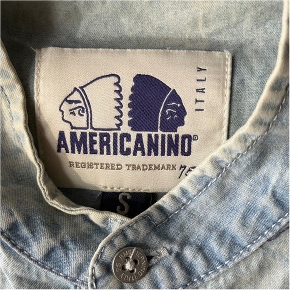 AMERICANINO Italy Mens Blue Acid Wash Band Collar Button Up L/S Shirt, Blue,S - Picture 2 of 10